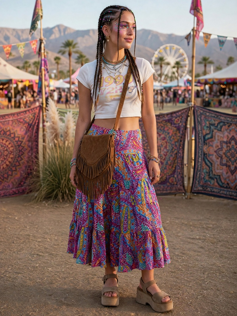 Y2K Lauren Ralph Lauren Boho Paisley Tiered Skirt in Purple size s/m petite